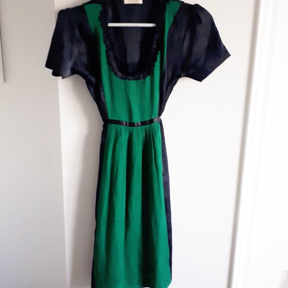 Green & Black 100% Silk Midi Dress